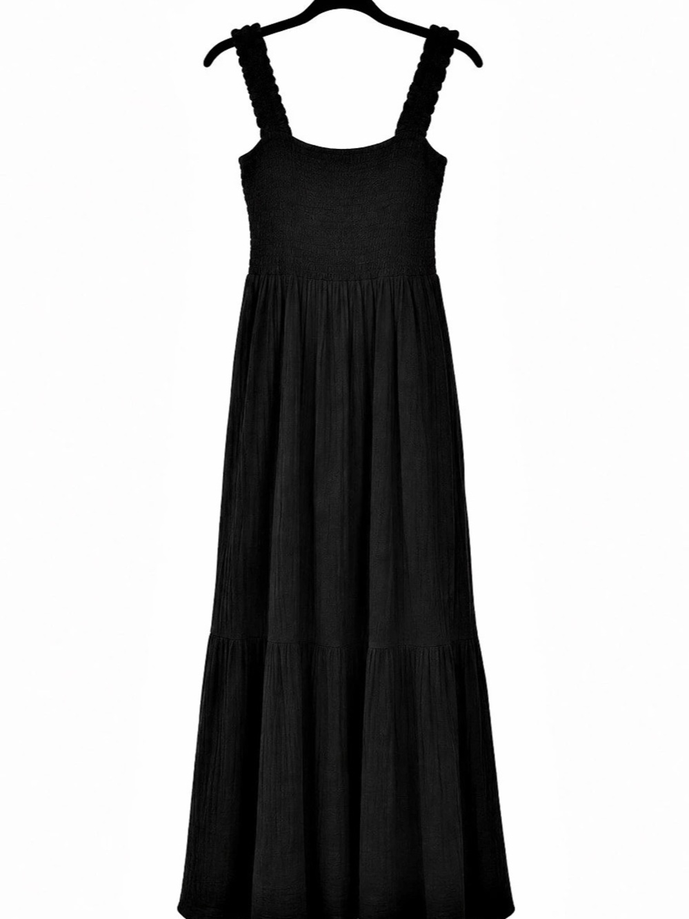 Black Smocked Ruffle Strap Tiered Midi Dress
